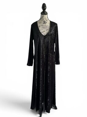 🇨🇦 Vintage Le Chateau Black Crushed Velvet Duster Cardigan Goth Whimsigoth Long